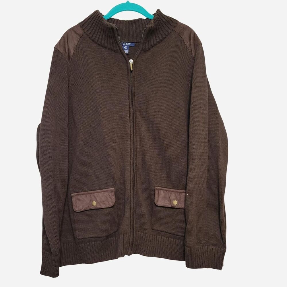 Chaps Brown Full Zip Sweater Faux Suede Shoulders & Pockets Fisherman Grandpa